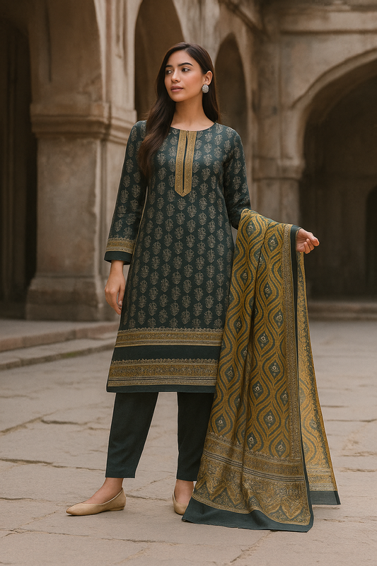 Ayra Chamki Printed Luxury Lawn 3PC Vol 03 Dark Green | The Ayra Store