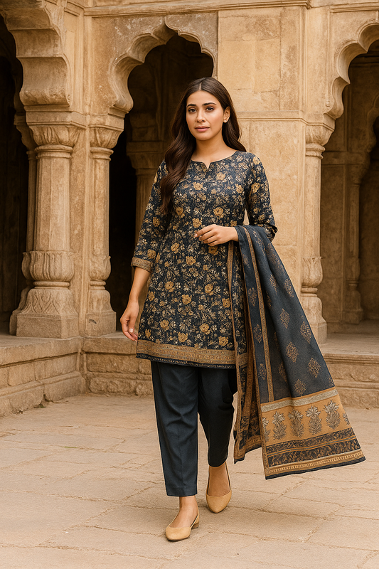 Ayra Chamki Printed Luxury Lawn 3PC Vol 03 Tobbaco Brown | The Ayra Store