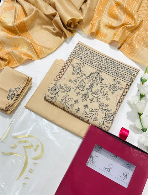 Ayra Embroidered Luxury Banadora Lawn 3PC – Beige Color | Unstitched Suit