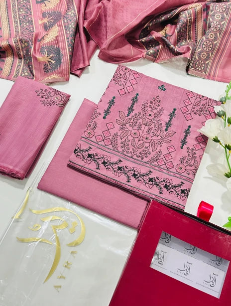 Ayra Embroidered Luxury Banadora Lawn 3PC – Floral Pink | Unstitched Suit