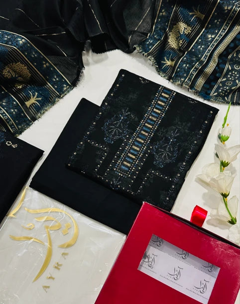 Ayra Embroidered Luxury Banadora Lawn 3PC – Jet Black | Unstitched Suit