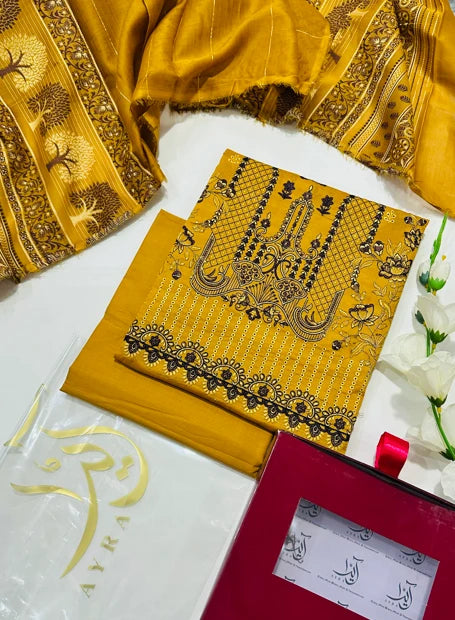 Ayra Embroidered Luxury Banadora Lawn 3PC – Mustard Color | Unstitched Suit