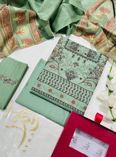 Ayra Embroidered Luxury Banadora Lawn 3PC – Sea Green Color | Unstitched Suit