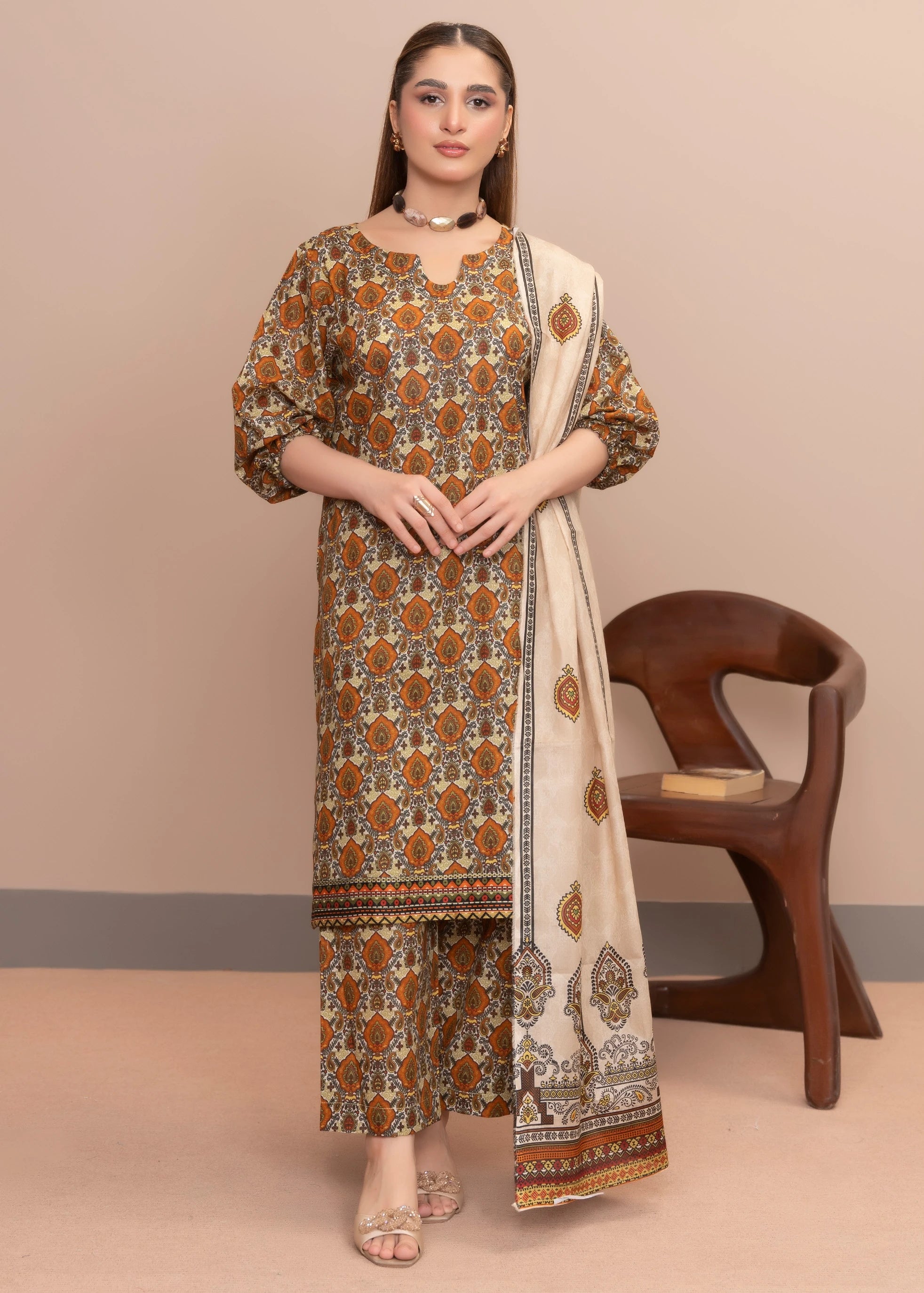 Ayra 3PC Lawn Suit Digital Printed Light Taupe Color| Unstitched Suit